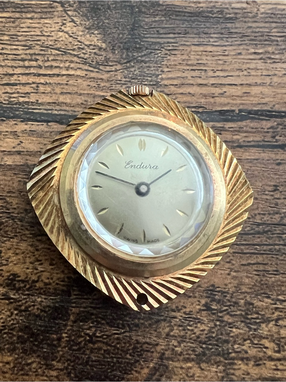 Vintage Endura Swiss Mechanical Pendant Watch Head Mirrored Back Gold Tone Works